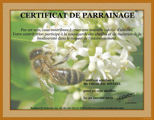 Certificat de parrainage d'une ruche